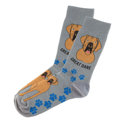 Gray Great Dane socks with playful dog designs and blue paw prints for comfort