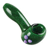 Green frit spoon pipe with purple decorative dots and dinosaur skin design