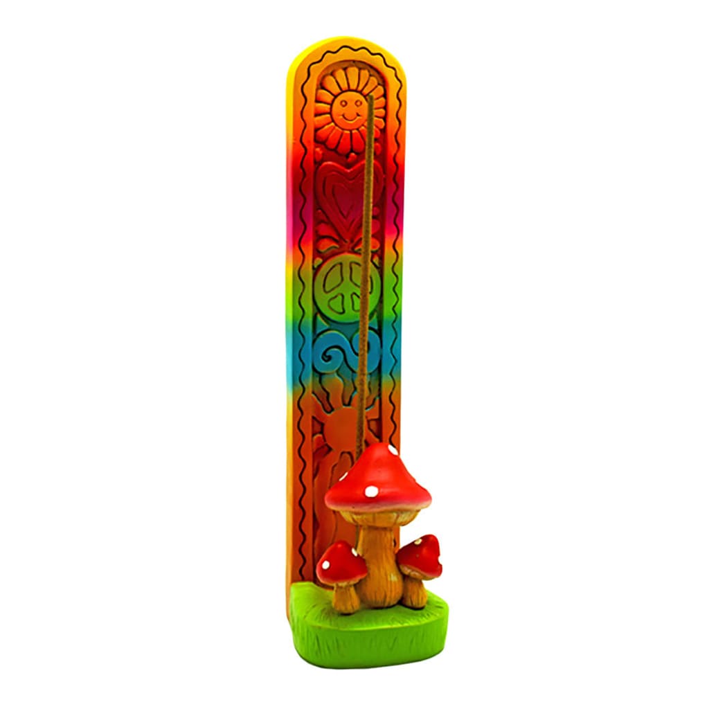Groovy Mushroom Stick Incense Burner with vibrant designs and mushroom figurines at the base