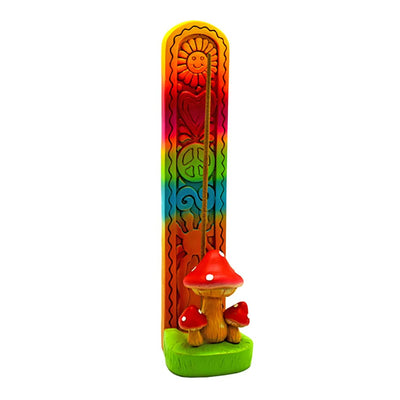 Groovy Mushroom Stick Incense Burner with vibrant designs and mushroom figurines at the base