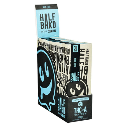 Display box of Half Baked THC-A disposable vapes, blue/black ghost logo, 3g, potent