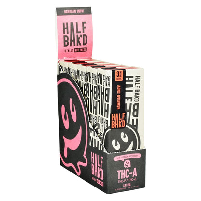 Box of ‘Half Baked’ THCA disposable vape with smiling ghost logo and pink/black color scheme