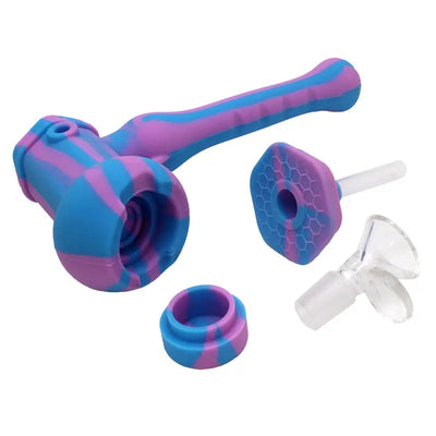 Hammer silicone bubbler with vibrant blue purple silicone, honeycomb cap, glass bowl