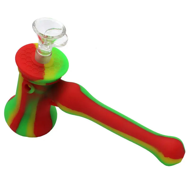 Hammer silicone bubbler with vibrant red green yellow silicone and clear glass bowl