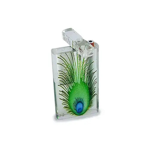 Handmade acrylic peacock dugout with vibrant green feather lighter