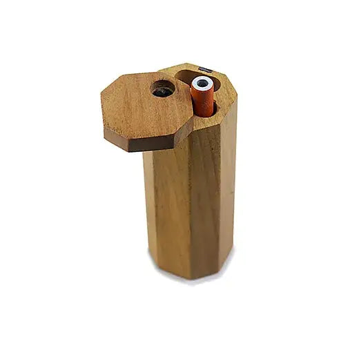 Handmade wooden octagon dugout with battery compartment and orange-tipped cigar