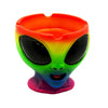 Rainbow-colored friendly alien head ashtray with large black eyes and open mouth