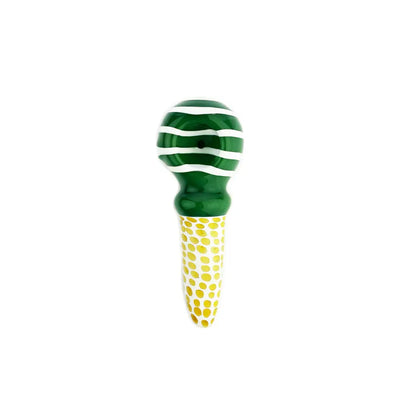 Green and white striped glass hand pipe spoon from Happy Fumes Glass with dot art design