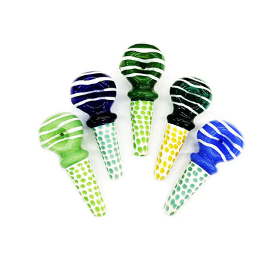 Colorful glass smoking pipes featuring dot art design and a hand pipe spoon for smooth smoking