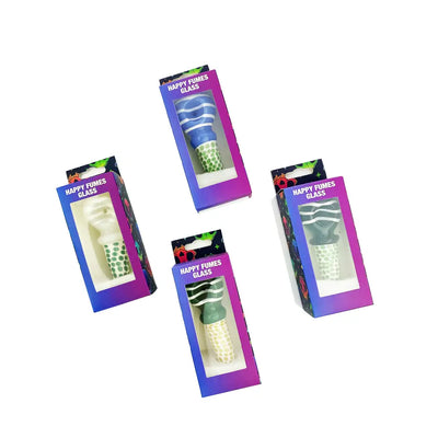 Four happy fumes glass hand pipe spoons with dot art in retail packaging for smooth smoking