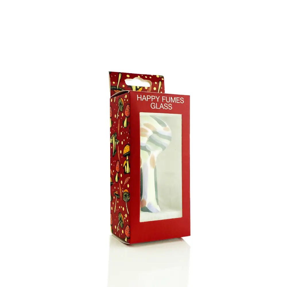 Mushroom-themed glass pipe in a red box from Multicolor Slime Hand Pipe collection for happy fumes glass experience