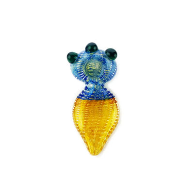 Decorative glass perfume bottle with blue stopper and amber base on Slime Color Hand Pipe with Bubble Trap Design