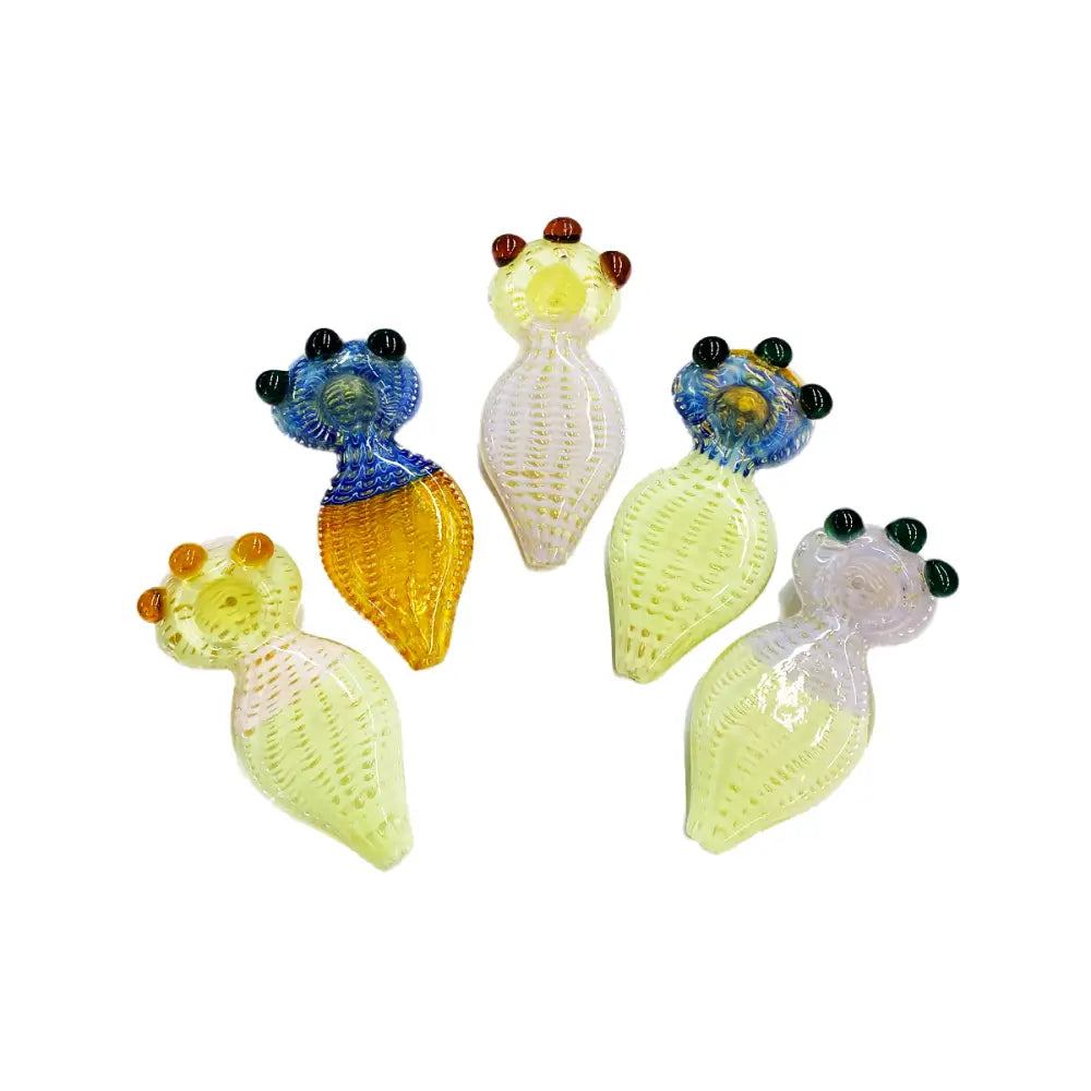 Colorful glass pendants with decorative dots for Slime Color Hand Pipe featuring bubble trap design
