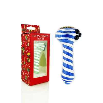Blue and white striped glass pipe with wig wag head and color tube spiral design