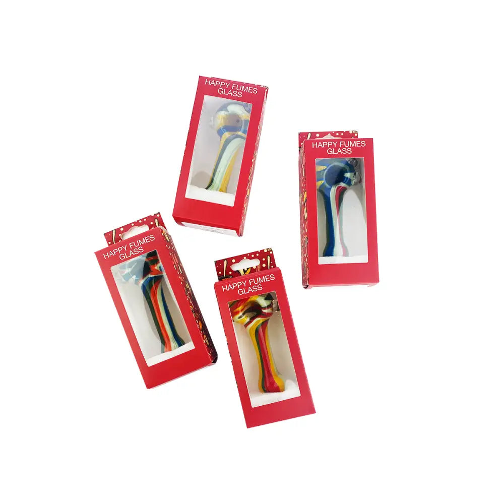 Colorful glass hand pipe spoon with Wigwag Marble Design in red boxes