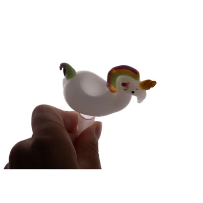 Heady style translucent white glass unicorn hand pipe with rainbow mane, male joint