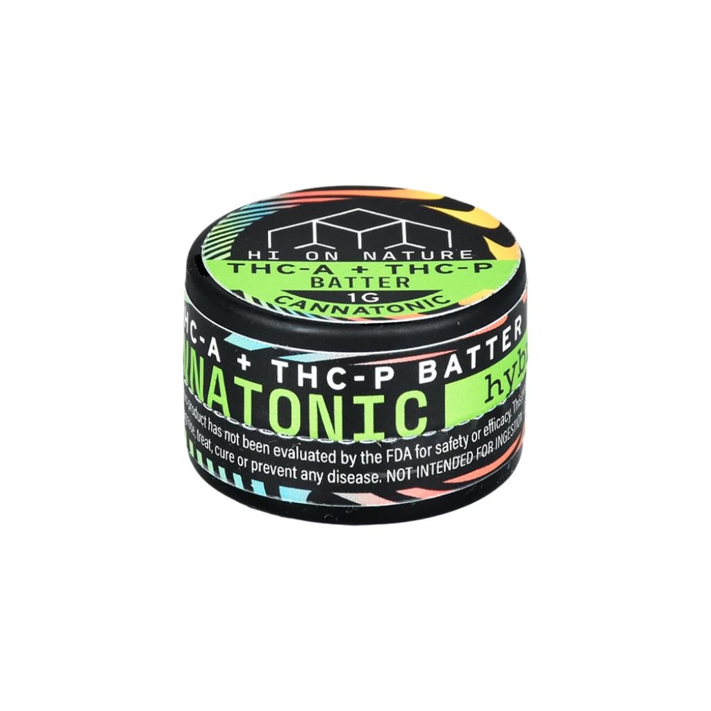 Container of ’Cannatonic’ THC-P dab batter in colorful packaging, 80% potency, Thca + Thcp