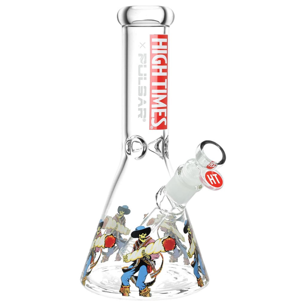 High Times x Pulsar Beaker Water Pipe with Cowboy Design featuring cartoon cowboys