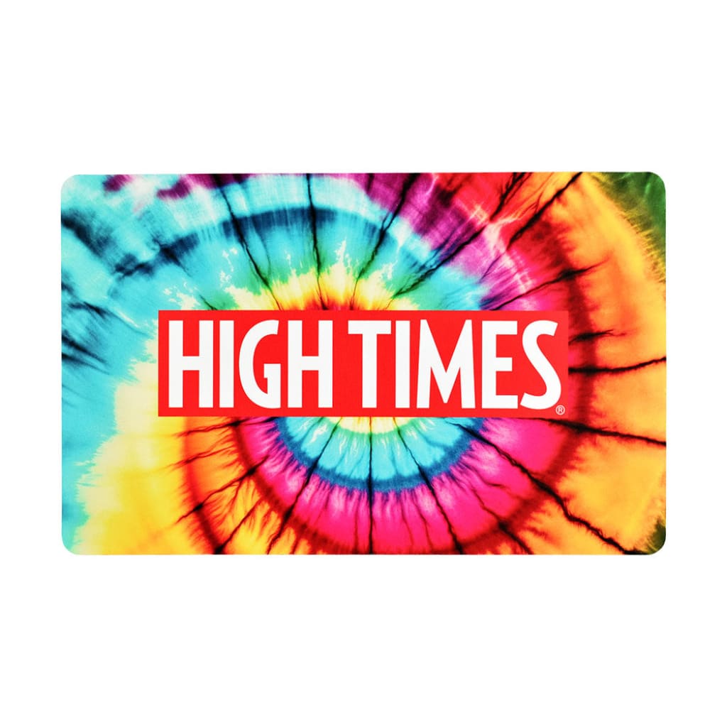 Colorful tie-dye pattern on High Times® Dabpadz Dab Mat with ’HIGH TIMES’ in red letters