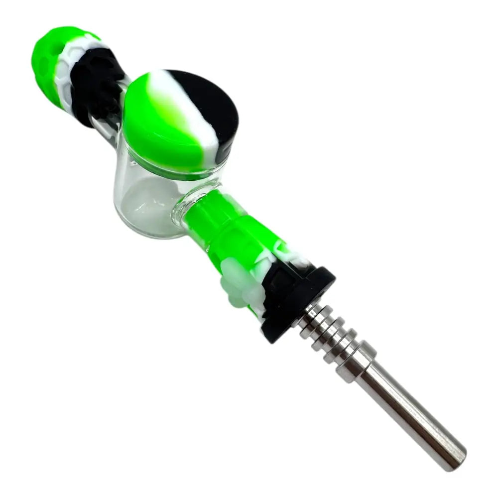 Green and black silicone nectar collector with 14mm joint and clear glass chamber