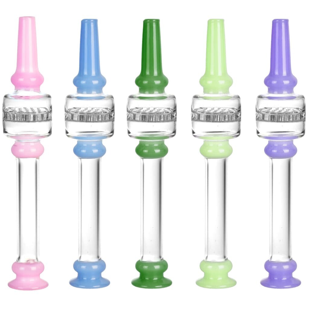 Five colorful Borosilicate Glass downstem adapters for honeycomb dab straws