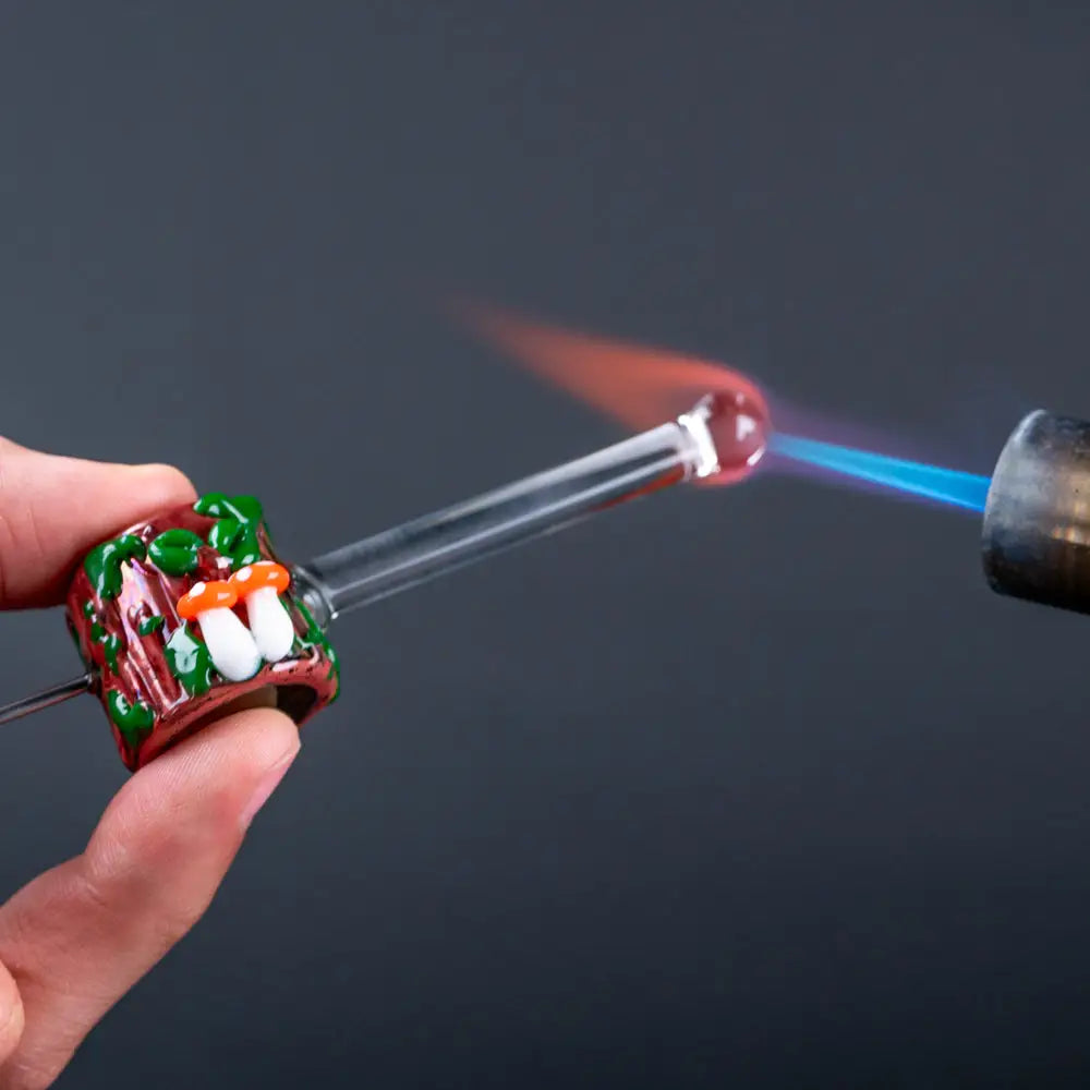 Hooties forest poker wand by Empire Glassworks with red green white mushroom glass ring