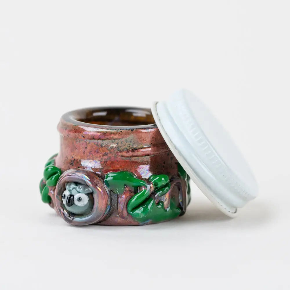 Hooties Forest Terp Jar by Empire Glassworks with iridescent glaze and owl