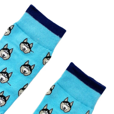 Light blue Husky Socks with cartoon cat faces and navy blue trim for all-day comfort