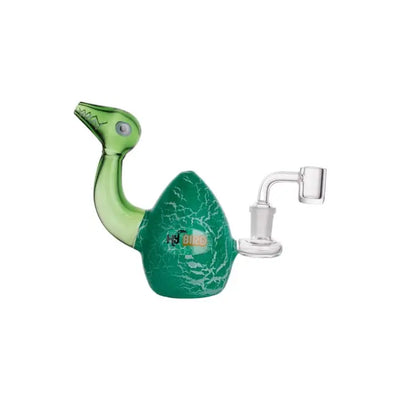 Green glass dinosaur dab rig showcased in a unique dab rig for creative enthusiasts