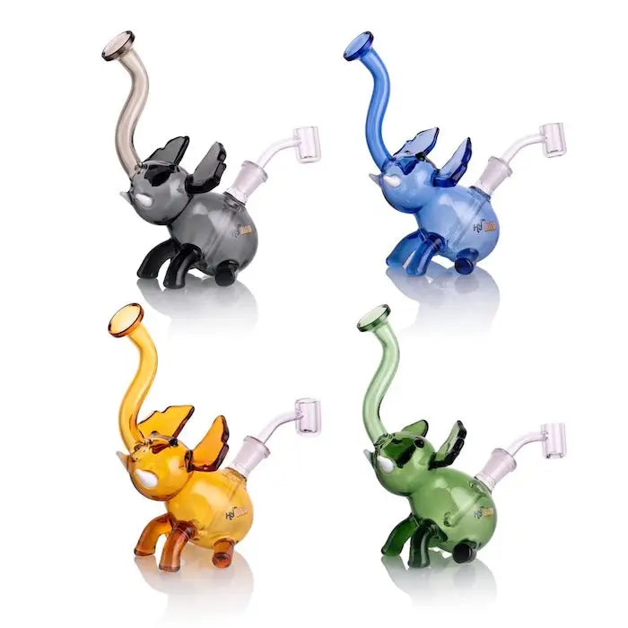 Four colorful elephant-shaped glass bongs of the Hybird Elephant Rig design