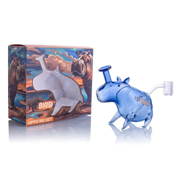 Blue Hybird Hippo Rig with quartz mouthpiece and hi bird branding