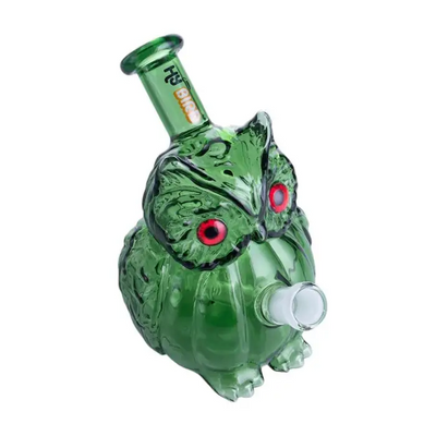 Green glass owl-shaped bong on Hybird Owl Rig with vibrant colors, perfect owl rig