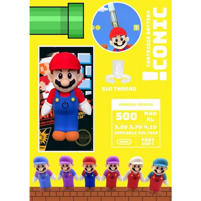 Mario-themed vape battery with iconic plumber cartridge for rapid draws and button pressed use