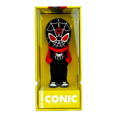 Miles Morales bobblehead in yellow box for Iconic Spider Cartridge vape with rapid draws