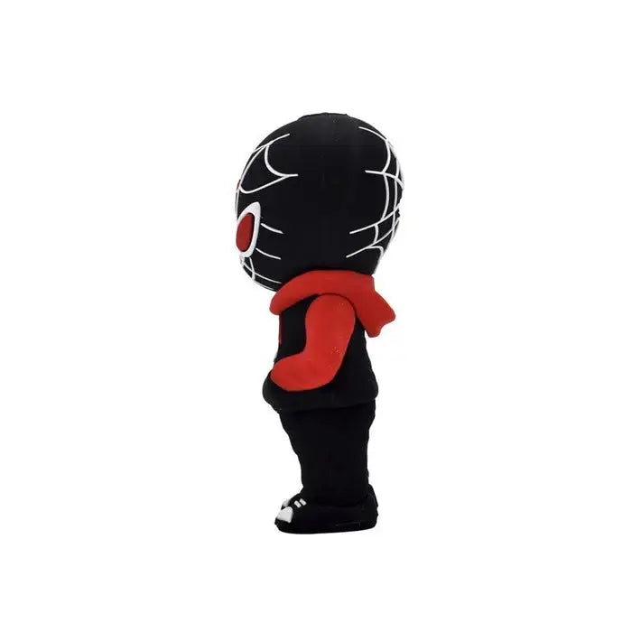 Black Spider-Man plush with red scarf representing an iconic Spider Cartridge vape battery for rapid draws
