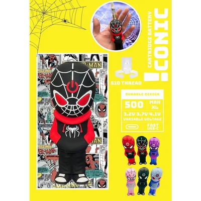Spiderman-themed vape battery for rapid draws with button pressed, fits Iconic Spider Cartridge