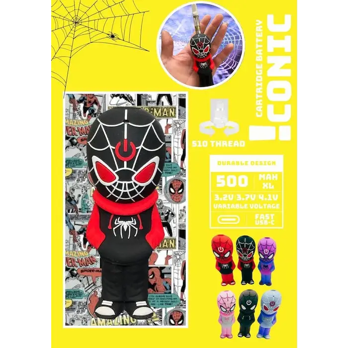 Spiderman-themed vape battery for rapid draws with button pressed, fits Iconic Spider Cartridge