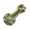 Handmade colored ribbon cane glass spoon pipe with swirling patterns in a spoon style shape