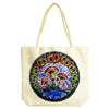 Natural jute tote bag with rope handles featuring a colorful psychedelic mushroom design