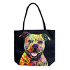 Colorful pit bull design on a black Natural Jute Tote Bag with Rope Handles for camping trips