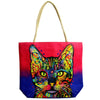 Colorful jute rope handled tote bag with psychedelic cat face design, perfect for camping