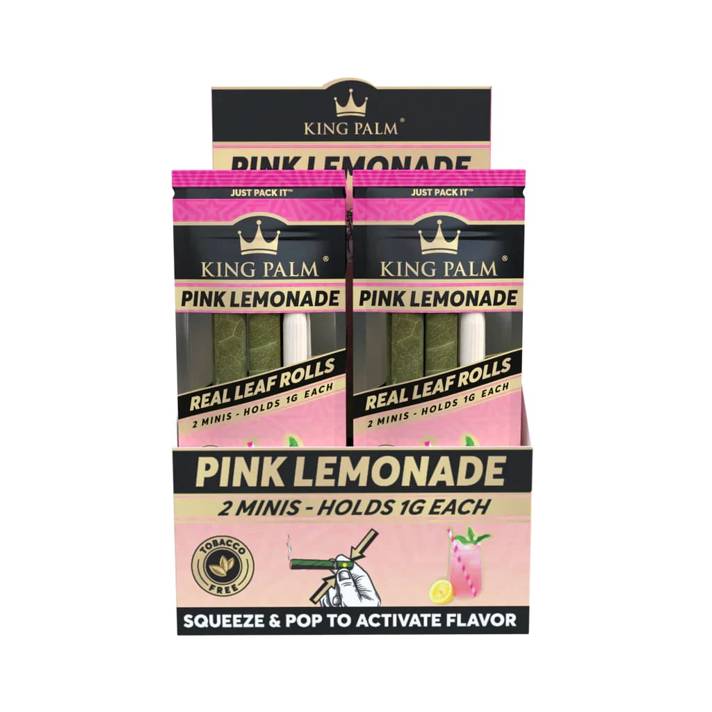 King Palm Dual Flavor Fusion with Pink Lemonade rolls and corn husk filter display box
