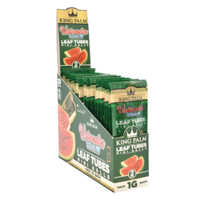 Mini size King Palm Dual Flavor Fusion with corn husk filter in a watermelon leaf tube display