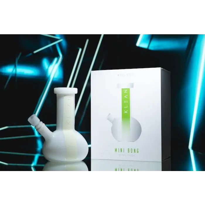 White glass mini bong from Klean White Series with packaging, heavy duty design