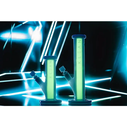 Two blue-trimmed glowing bongs from Klean White Series Heavy Duty Glass Straight Tube
