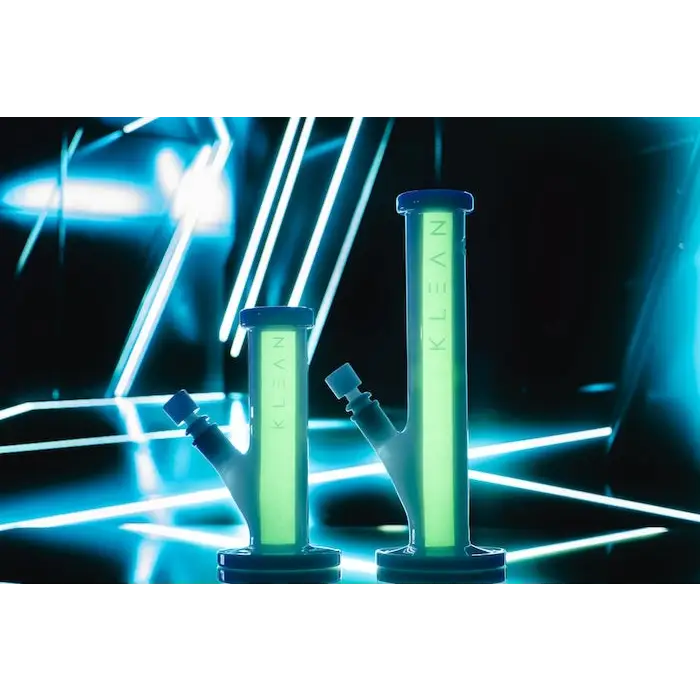 Two blue-trimmed glowing bongs from Klean White Series Heavy Duty Glass Straight Tube