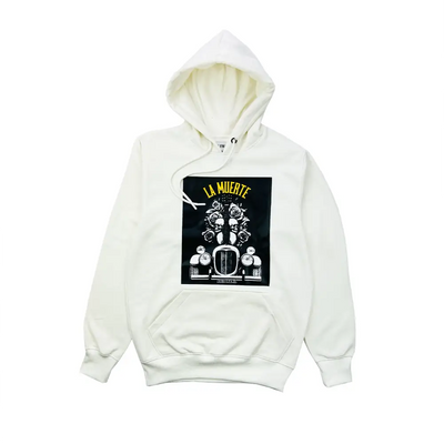 White La Muerte Hoodie with black graphic design, perfect for stylish comfort