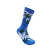 Leaf Republic blue socks with green marijuana leaf pattern, mid-calf hemp design