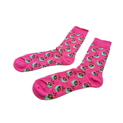 Bright pink lemon socks featuring cartoon alien faces, perfect for everyday wear