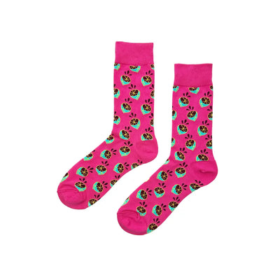 Bright pink lemon socks featuring a repeating pug dog face pattern for everyday wear